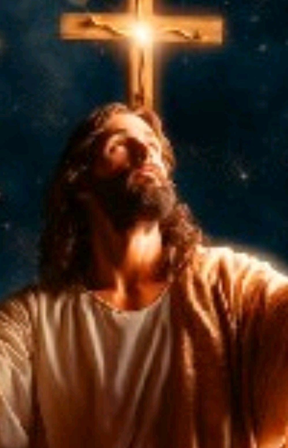 Jesus Christ looking upward with a glowing cross above his head.